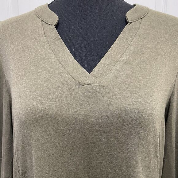 New Marokeety Long Sleeve Ruffle Midi Dress Olive V-Neck Pockets Women's Small - Picture 7 of 10